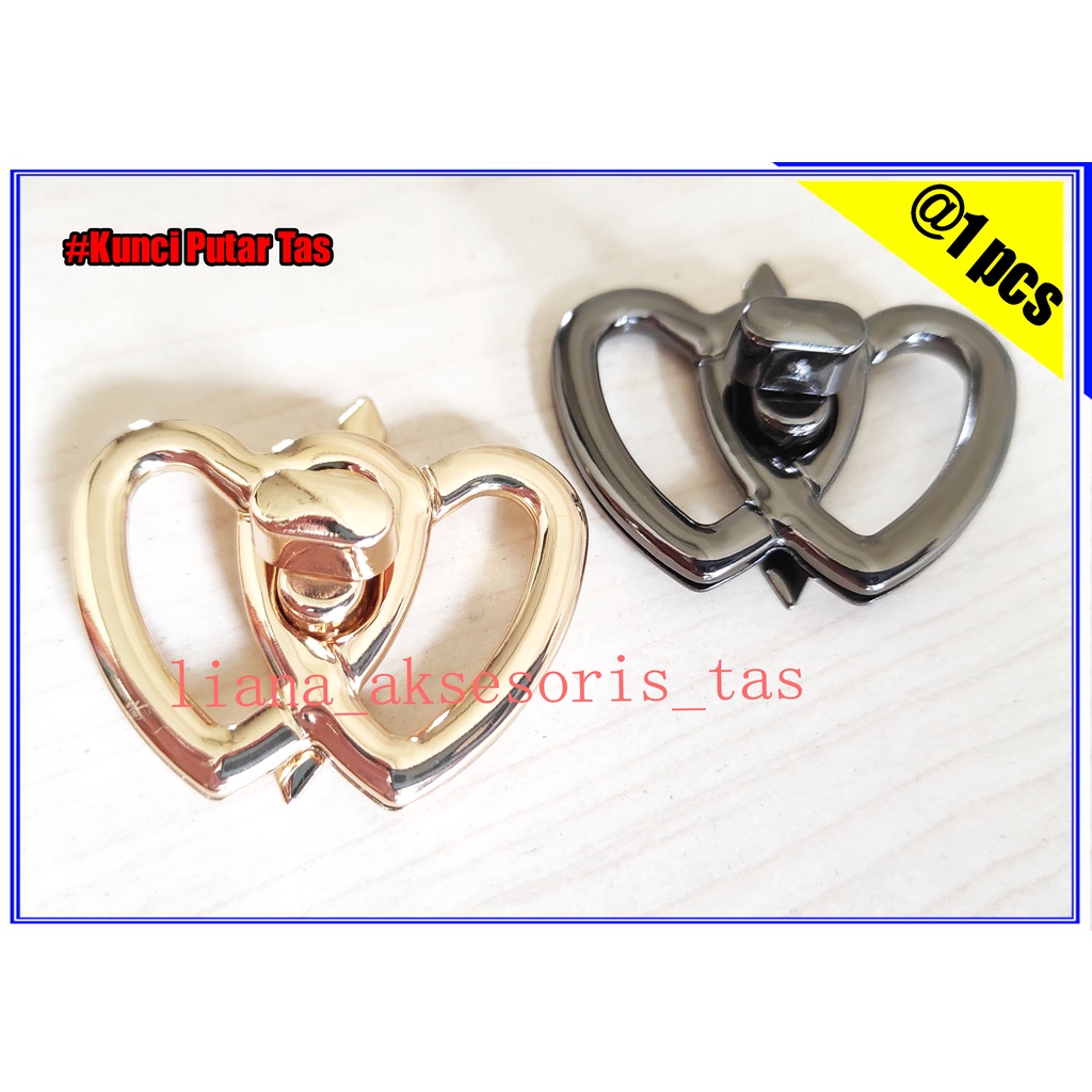 AKSESORIS WANITA (@1 PCS) KUNCI PUTAR TAS - KUNCI TAS WANITA MODEL DOUBLE LOVE WARNA LIGHT GOLD & BL