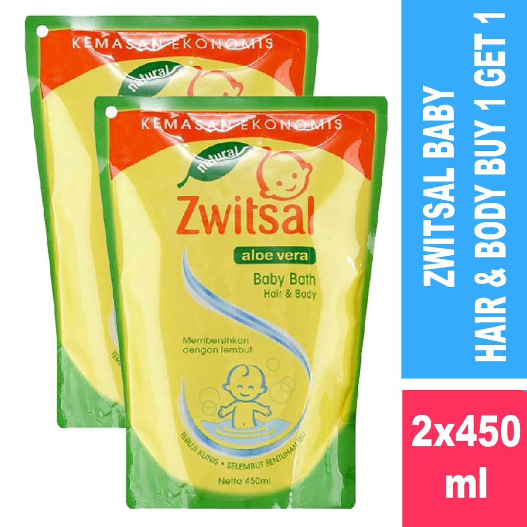 Bisa COD [ Buy 1 Get 1 ] Zwitsal Baby Bath Hair And Body Sabun Mandi Shampo Bayi Natural Aloe Vera 2x 450Ml