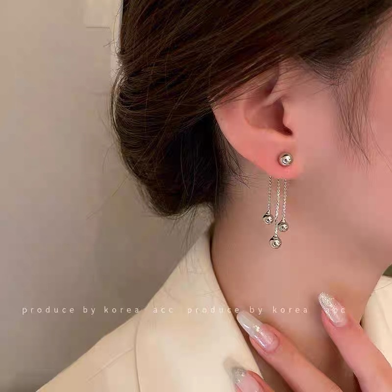 Anting Stud Rumbai Manik-Manik Bola Warna Silver Untuk Wanita