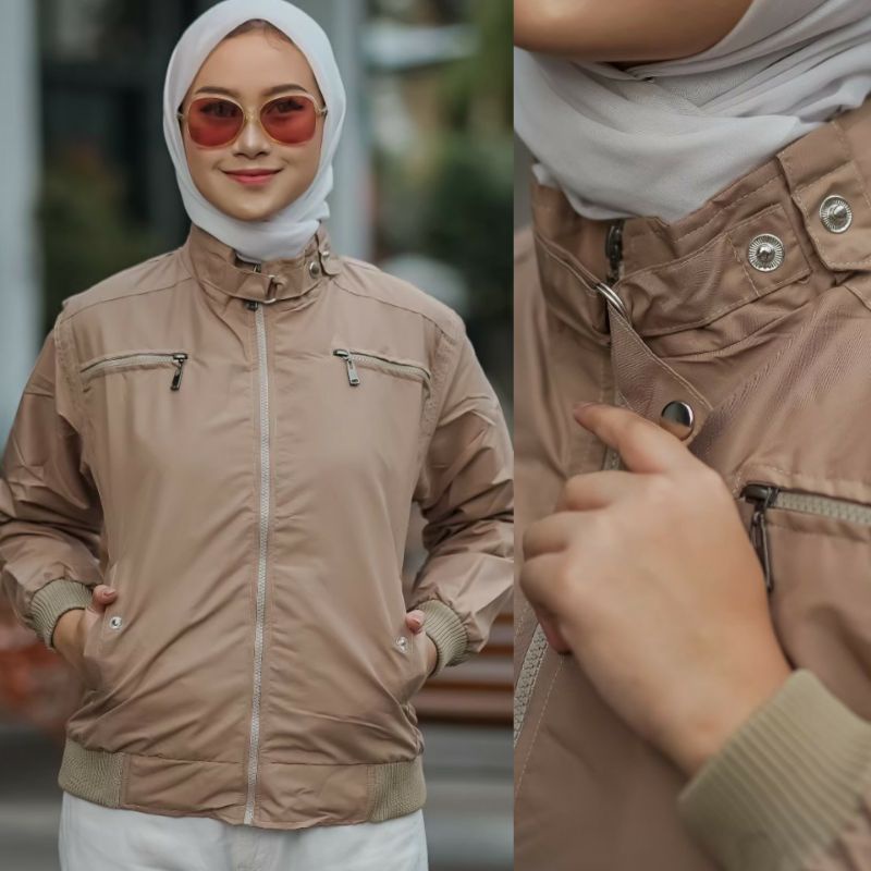 Jaket Taslan Wanita Zena Pocket List Waterproof/Anti Air Berkualitas