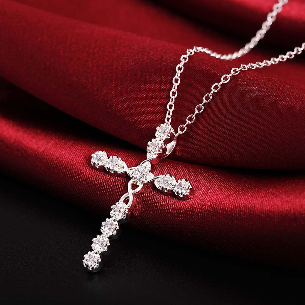 Ladies 925 Sterling Silver Plated Full Diamond Crystal Cross Pendant Necklace