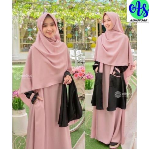 Gamis Elbina Set + Outer + Hijab | Size S M L XL | Bahan Moscrepe HQ