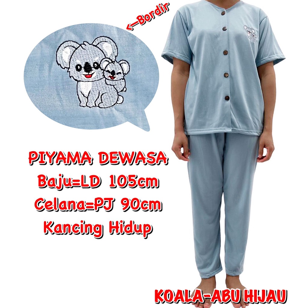 (1 KG MUAT 3 STEL) BAJU TIDUR DEWASA PEREMPUAN PIYAMA KAOS CP KANCING BORDIR