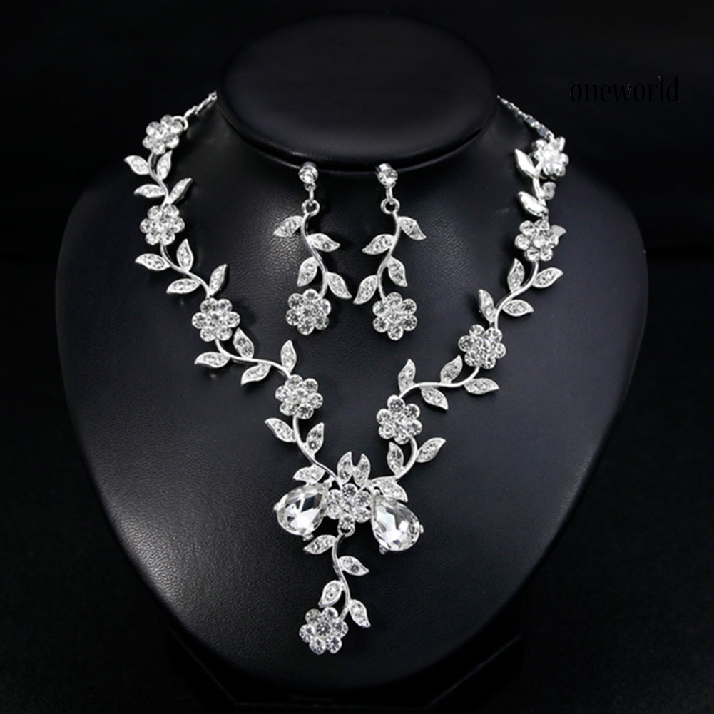 OW@ Women Rhinestone Leaves Flower Necklace Stud Earrings Wedding Bridal Jewelry Set