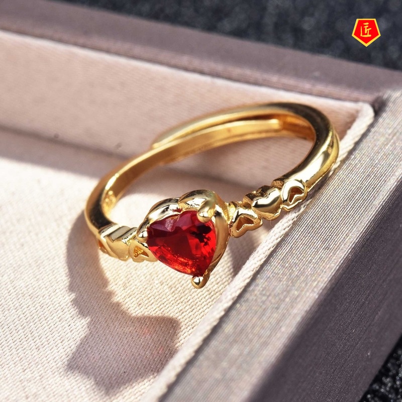 [Ready Stock]Love Heart-Shaped Red Diamond Ring 18K Gold Ins Style Simple