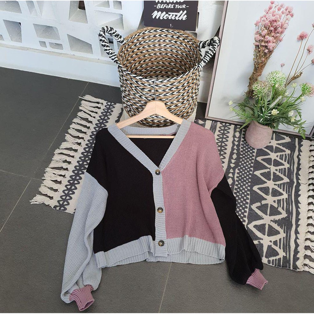 Hellen Cardie Rajut Jaket Sweater Hoodie Wanita Oversize Outerwear Pakaian Sweatshirt Korean-Hitam