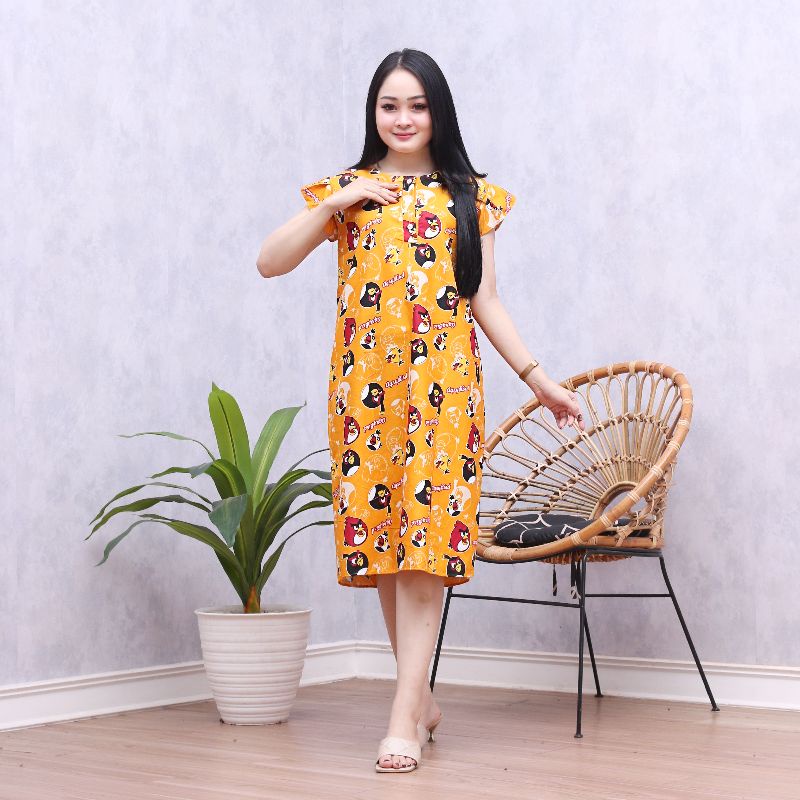 Daster Batik Lengan pendek - Motif Acak / Campur - Leher Kancing /Batik karakter busui-Angribird kuning