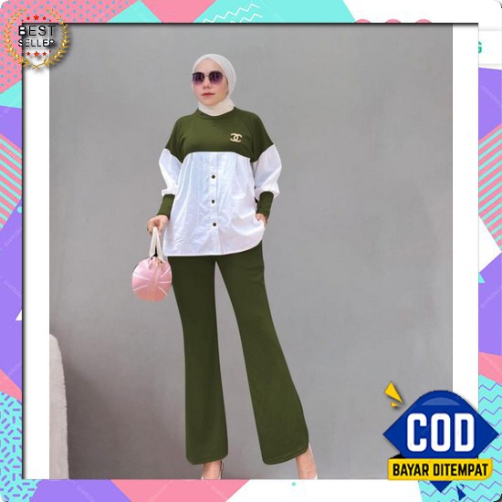 Setcel Wanita Ori Blazer Bahan Crinkle Mewah Dewasa Kekinian Jumbo Set Stelan Isyana Army [Setelan W