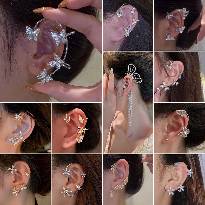 YEEZII Set Anting Kait Gantung Wanita Desain Kupu-Kupu Hias Kristal Mutiara Rumbai Daun Emas Silver