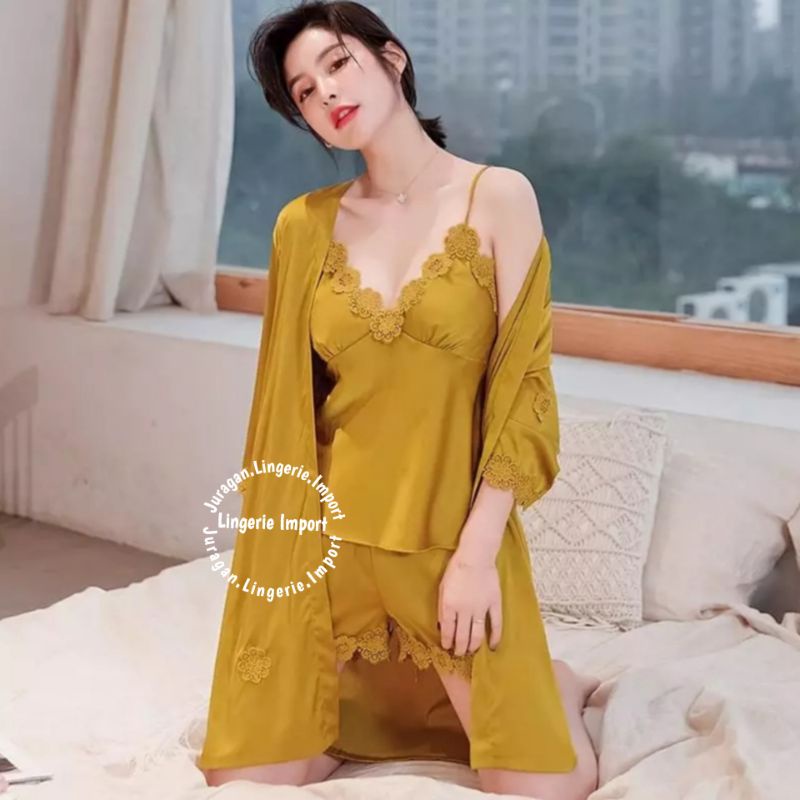 Juragan Pakaian Tidur Piyama Wanita Piama Tidur Kimono 3in1 Satin Set Import