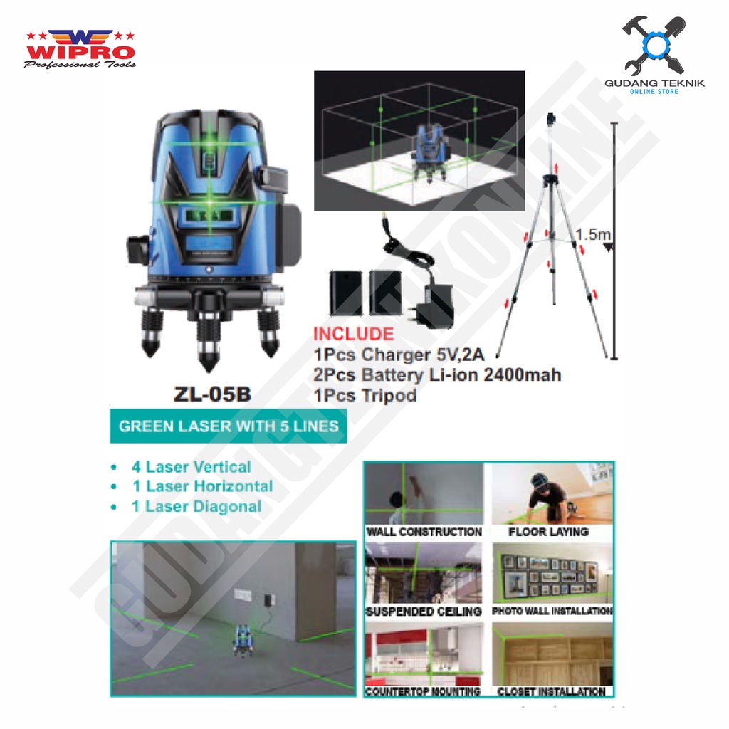 Pengukur Dimensi Laser Garis With STAND 5 Lines WIPRO ZL-05B / Waterpass Laser Cross Line W/STAND WIPRO ZL 05B - 10-30 Meter WIPRO ZL05B