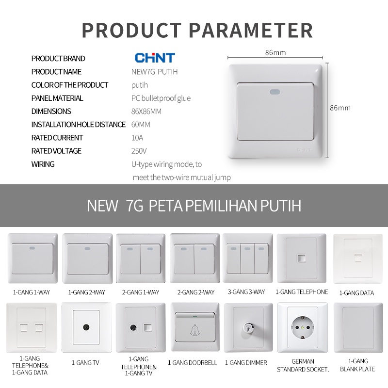 CHINT NEW7G White Series pelindung stopkontak child protection+flame retardant