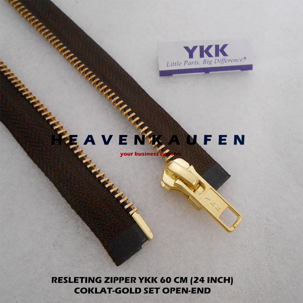 Resleting Zipper YKK 60 cm Atau 24 inch Warna Coklat - Gold Emas Type Gigi Besi Set Open End Buka Lepas