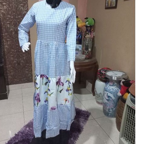 PRELOVED Dress Gamis Wanita Muslimah Kotak-kotak Baby Blue