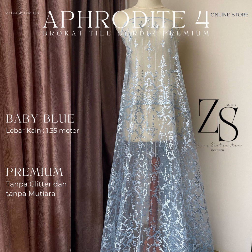 Bahan Kain Kebaya Brukat Tile Tille Bordir Premium Etnik Aphrodite Motif 4 Warna Biru Muda Baby Blue