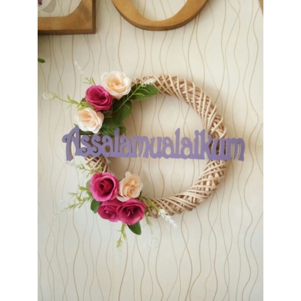 wreth flower rotan/ring salam/ring rotan bunga/tulisan assalamualikum/bunga rotan/hiasan depan pintu