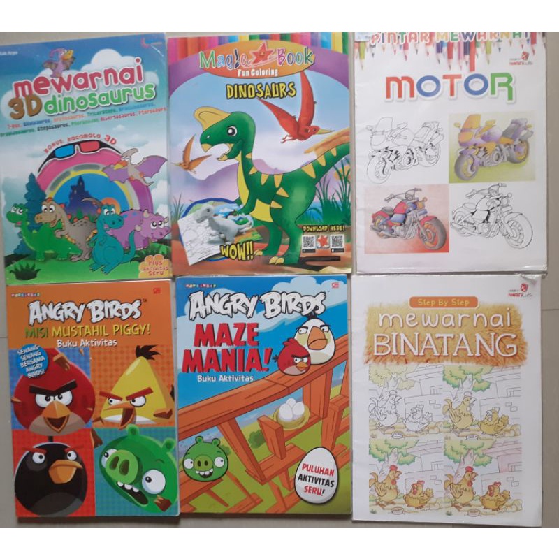 Buku (bonus stiker) Cerita, Aktivitas, Mewarnai dot to dot, 3D dinosaurus, angry birds TEBAL, Japarr