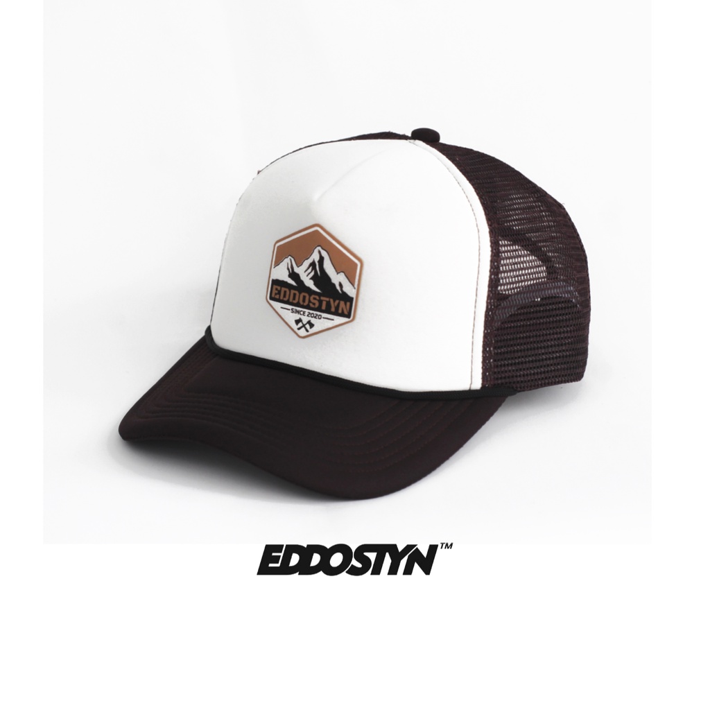 Eddostyn Topi Trucker Jaring Original Distro Pria Dewasa Mountai Coklat Putih