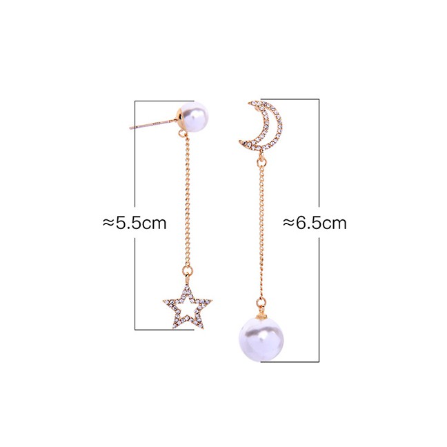 LRC Anting Tusuk Fashion Pearl Alloy Asymmetric Diamond Star Moon Pearl Stud Earrings F92066