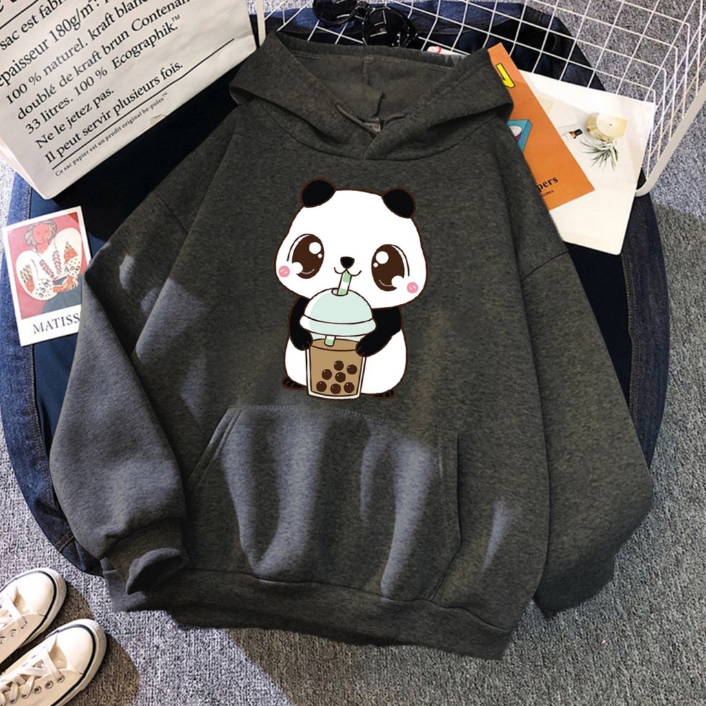 Hoodie Sweater Wanita Anime Kartun Panda Jaket Cewek Kekinian Oversize Murah Tebal Import Bisa Cod-Abu Gelap