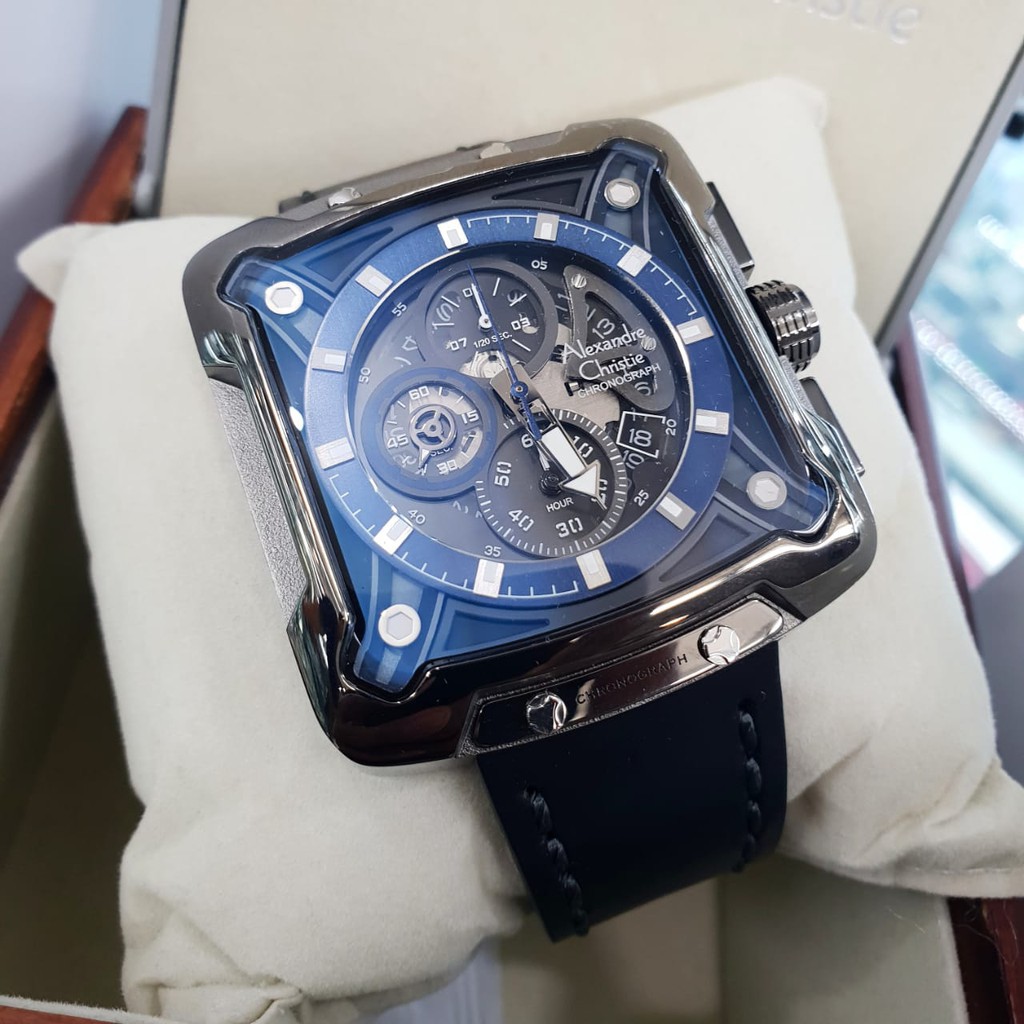 Jam Tangan Pria Alexandre Christie AC3030 Original Tali Kulit Hitam Lis Biru