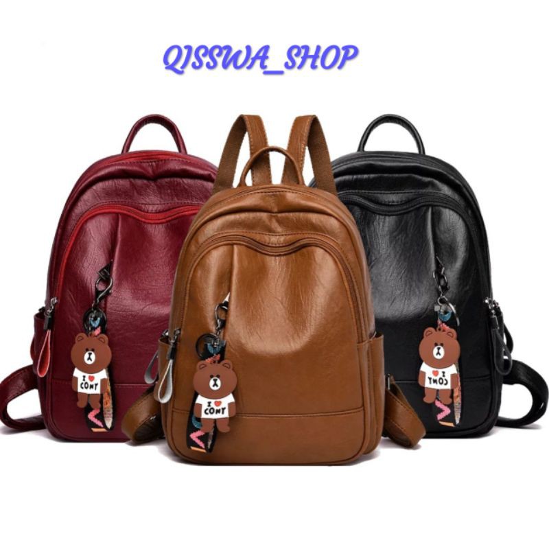 Stylish Ransel wanita bahan kulit bisa cod gratis gantungan boneka