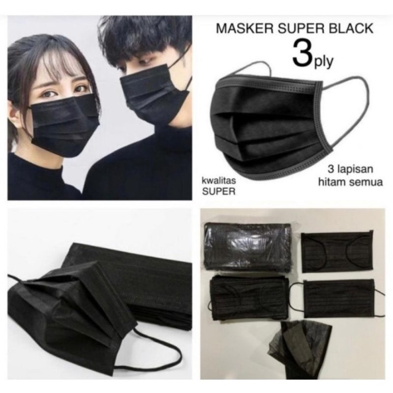 Masker hitam 3ply /Masker hitam isi 50 pcs/ earloop &amp; headloop /Maser hitam