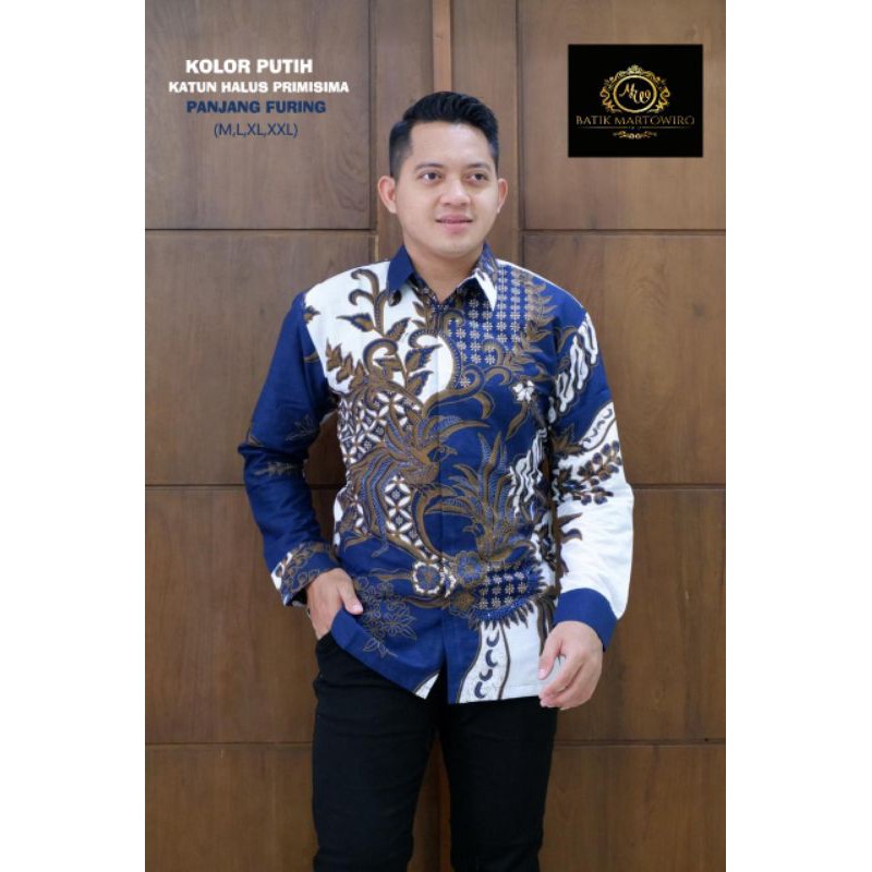 Kemeja Batik PREMIUM TERBARU Batik Lengan Panjang Warna Putih Biru Batik Pria Warna Biru Full Furing