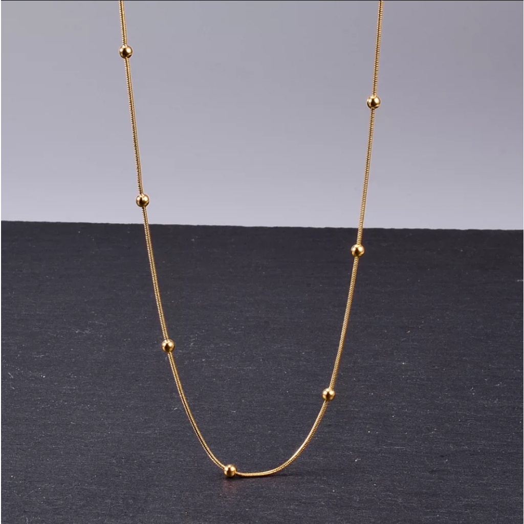 Kalung Titanium Model Rantai Tulang Ular Aksen Minimalis Bola Bulat Rose Gold, Gold dan Silver