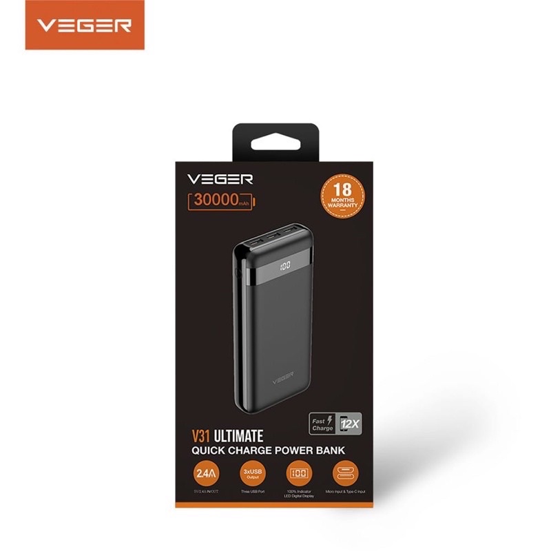 Powerbank Veger Ultimate 30.000mah Led  V31 Fast charcing VEGER