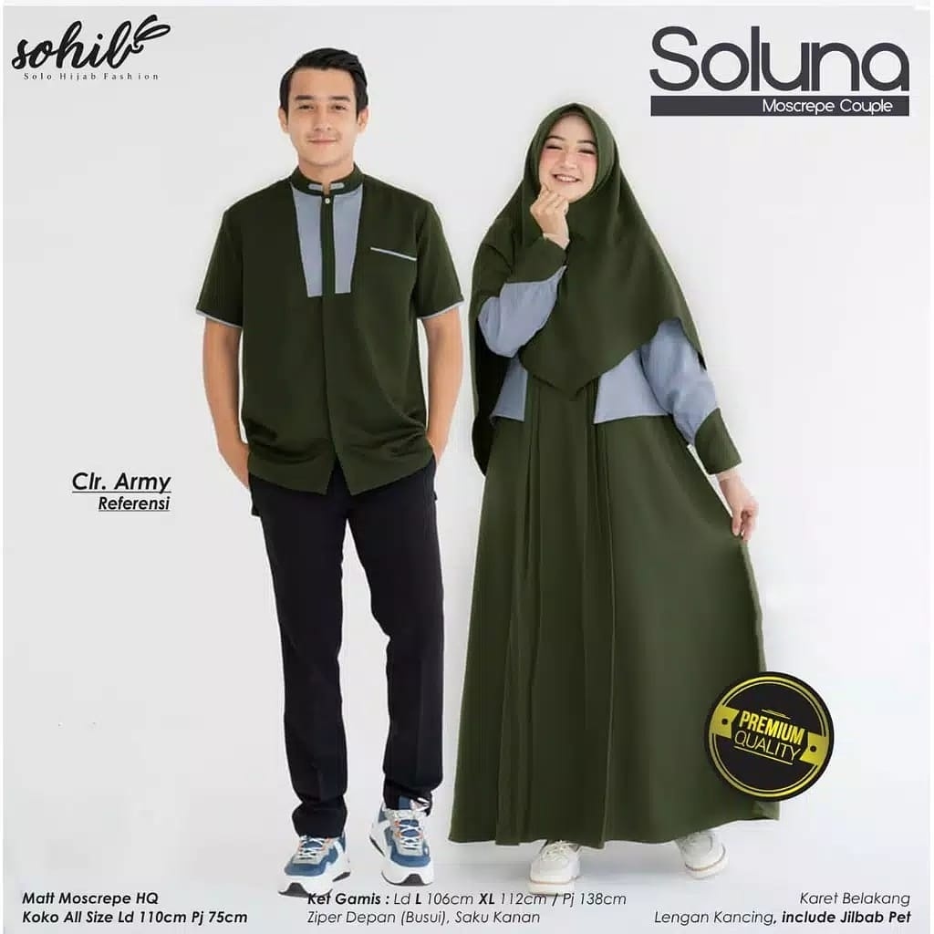 SOLUNA COUPLE KAIN MOSSCRAPE ( GAMIS WANITA DAN HIJAB + KEMEJA PRIA )  BAJU COUPLE  PASANGAN SUAMI ISTRI TERBARU 2022 BAJU COUPLE