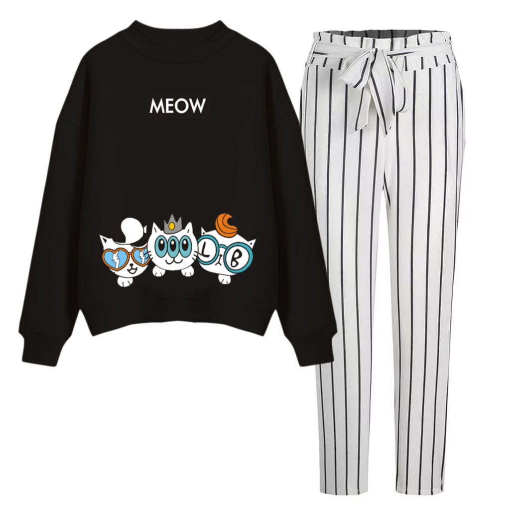 BESS - Baju Setelan Wanita Murah / Setelan Sweater + Celana Salur - MEOW