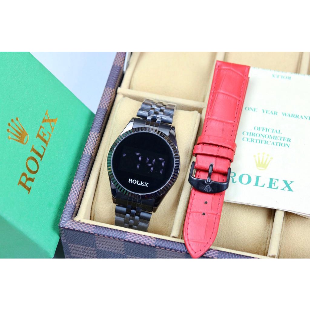Free Box + Kulit - Jam Tangan Pria/Wanita Rolex Digital Touch Screen Led Rantai Stainless Steel