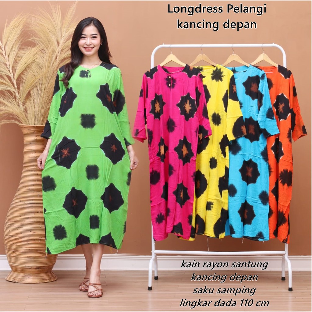 Longdress rayon adem pelangi lengan panjang kancing depan bisa milih warna