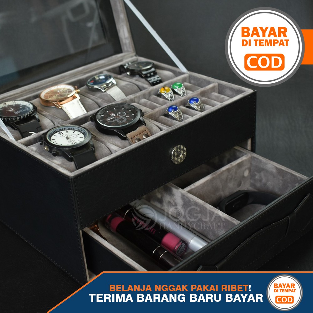 Exclusive - Kotak Tempat Jam Tangan Jumbo isi 6 mix Tempat Perhiasan Susun Black Grey