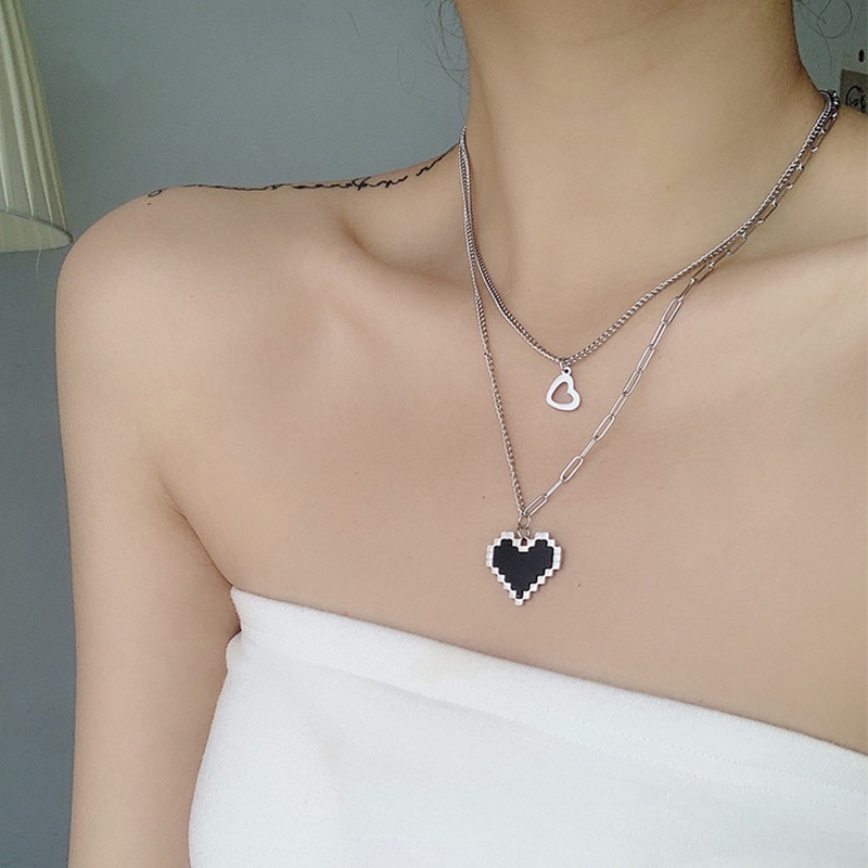Black Mosaic Love Necklace Peach Heart Pendant Double Necklace