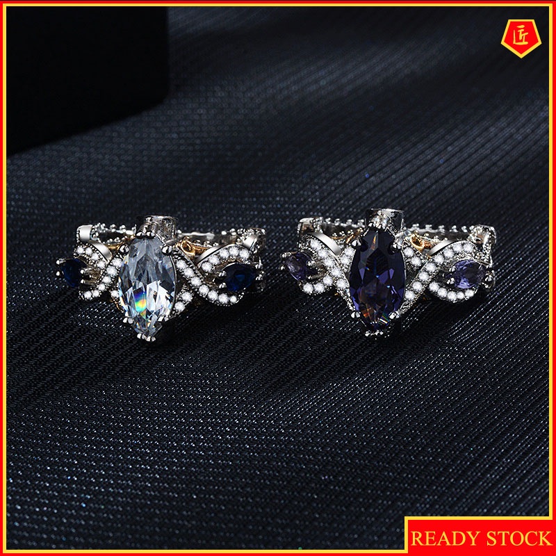 [Ready Stock]Inlaid Blue Gem Two-Tone Ring 18K Gold