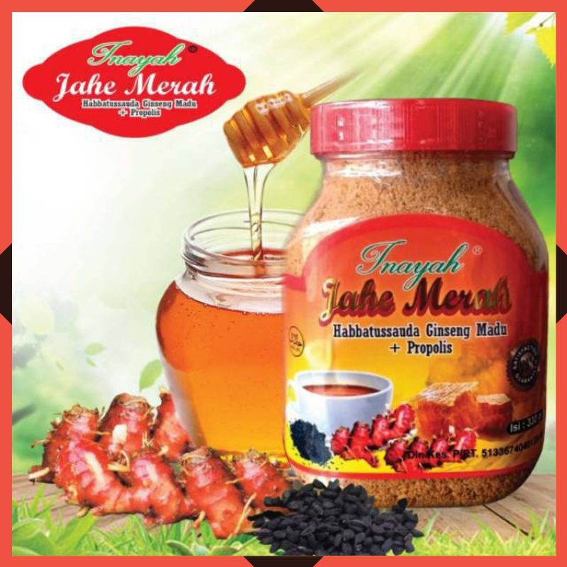 

Jahe Merah Inayah Instan Toples 330 gram Plus Habbatussauda gingseng propolis dan madu Komplit