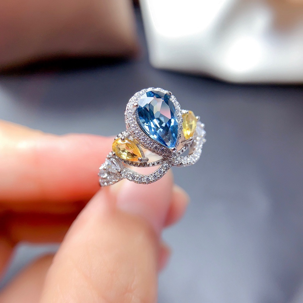 Cincin Model Terbuka Desain Mahkota Hias Topaz Biru Gaya Simple Untuk Wanita