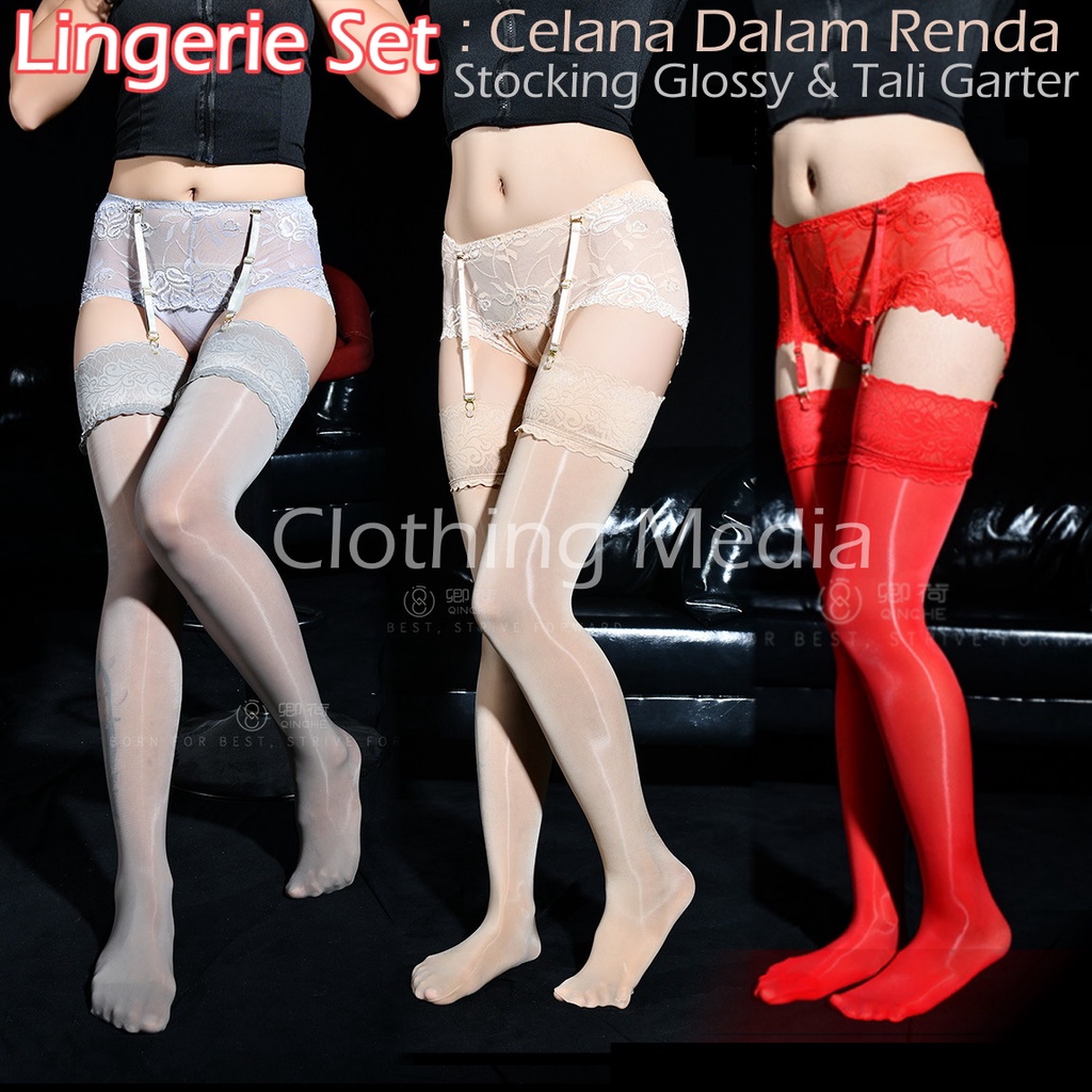 Lingerie Celana Dalam Stocking Glossy Renda Tali Garter Set Silky Stoking