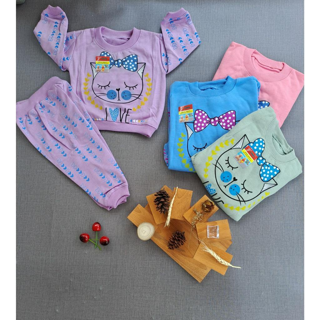 setelan sweater anak perempuan lucu murah motif cat love 3 bulan- 5 tahun S,M,L