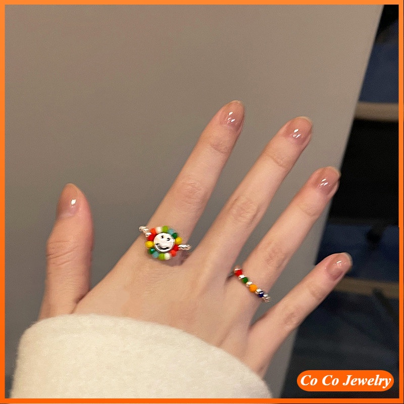 Cincin Model Terbuka Adjustable Motif Smiley Warna Pelangi Gaya Korea Untuk Wanita