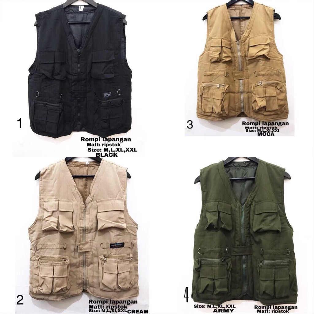Rompi Lapangan/Outdoor/Bodyvest Hitam, Khaki Berkerah