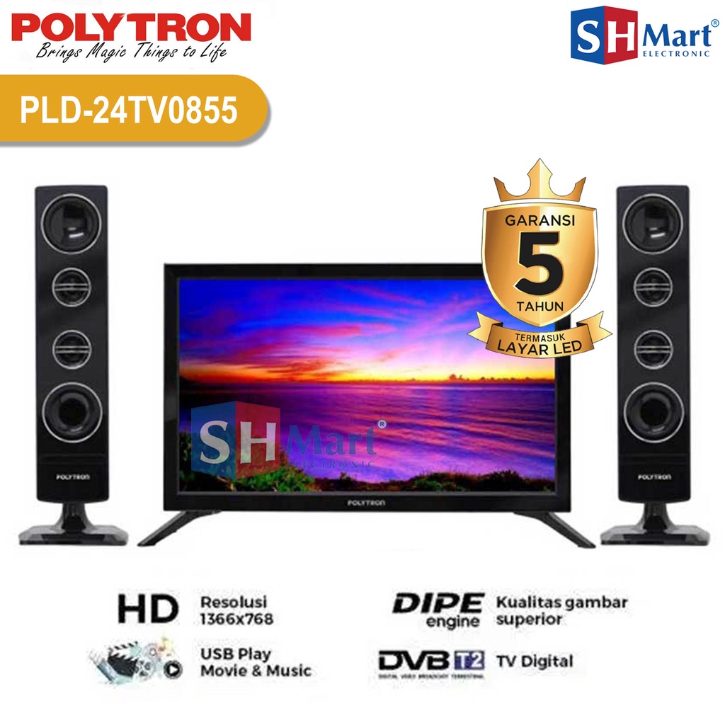 TV POLYTRON 24 INCH DIGITAL SPEAKER TOWER PLD-24TV0855 / PLD-24V1855 GARANSI RESMI