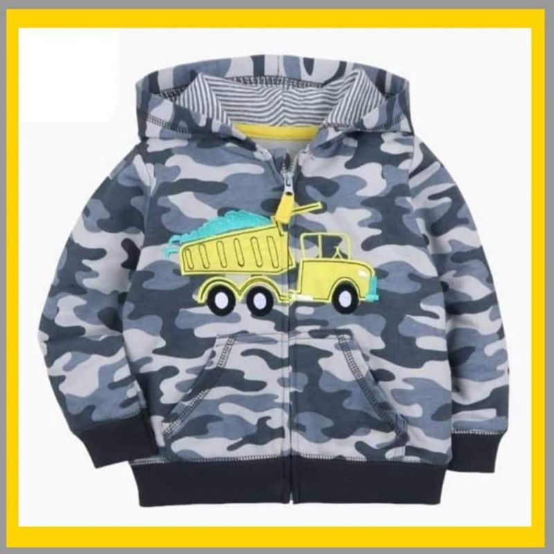 Jaket jacket baby anak bayi army belang branded merk bermerk abu abu Mobil Truck lucu hoodied topi