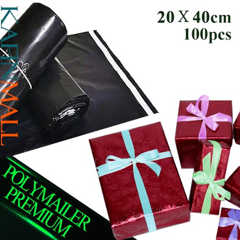 Kantong Plastik Packing Olshop PE Polymailer 20X40CM Lem Perekat 100pcs Hitam Glossy Tebal Anti Plon