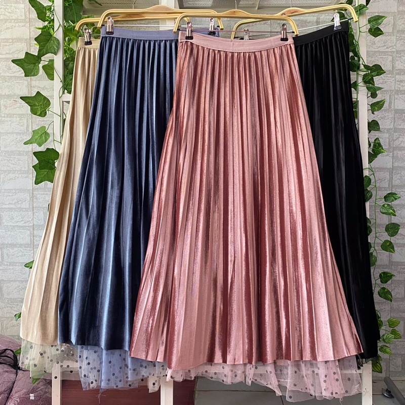 rok tutu bolak balik bahan velvet tille motif polkadot 4 warna ori import