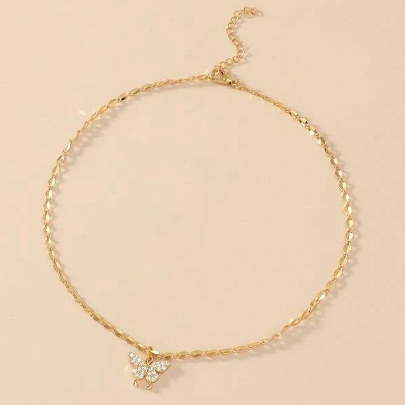 Kalung Rantai Liontin Kupu-Kupu Hias Kristal Imitasi Warna Silver / Emas Untuk Wanita