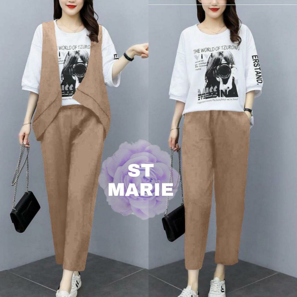 SETELAN MARIE FASHION WANITA 3in1 KAOS/ROMPI/CELANA GOOD QUALITY KASUAL