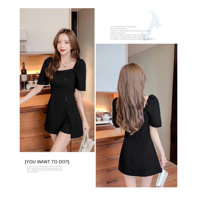 [littlecrab] Setelan Atasan Square Neck Celana Pendek Hitam Abu-Abu Simple Elegan Simply Fashion Dress Berkualitas Sabrina Set Korean Style